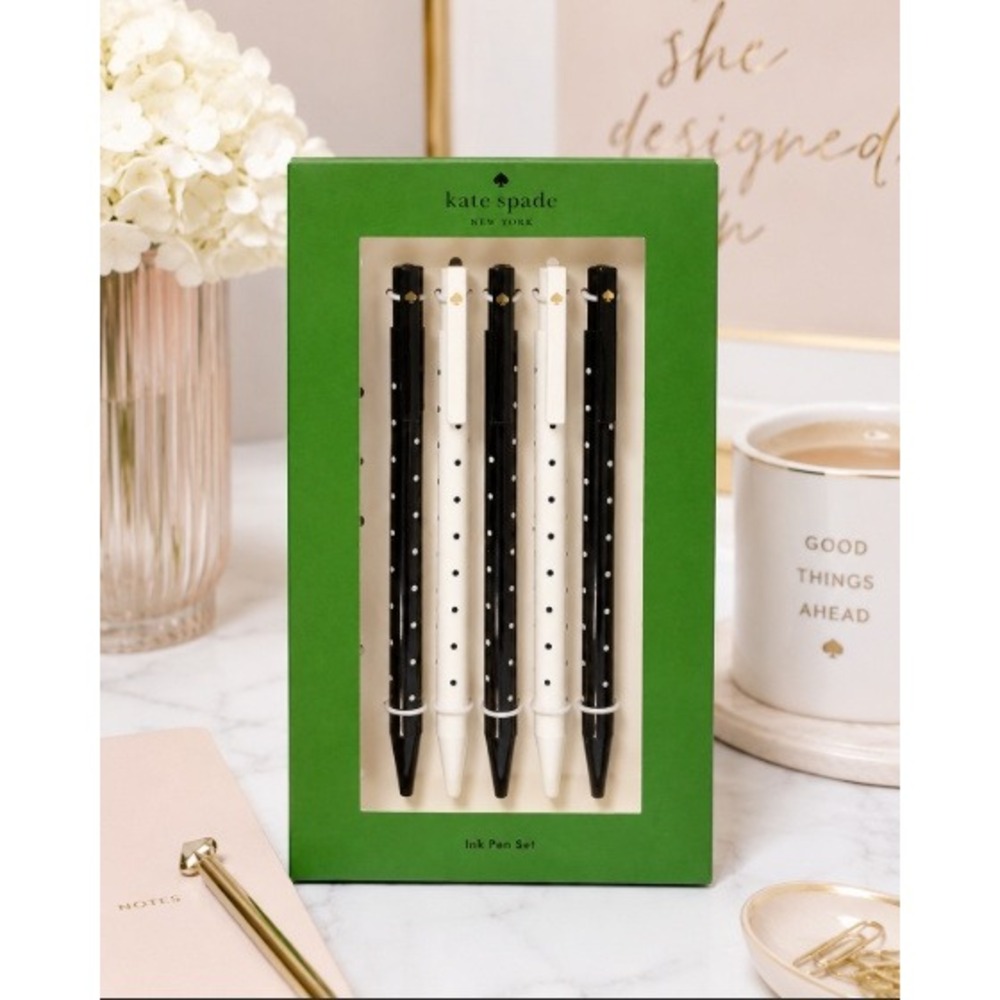 Kate Spade New York Black White Dot Click Pen Set of 5 Black Ink Polka Dot New